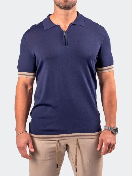 Maceoo Stretch Short-Sleeve Polos | Polo ZipNavy Blue